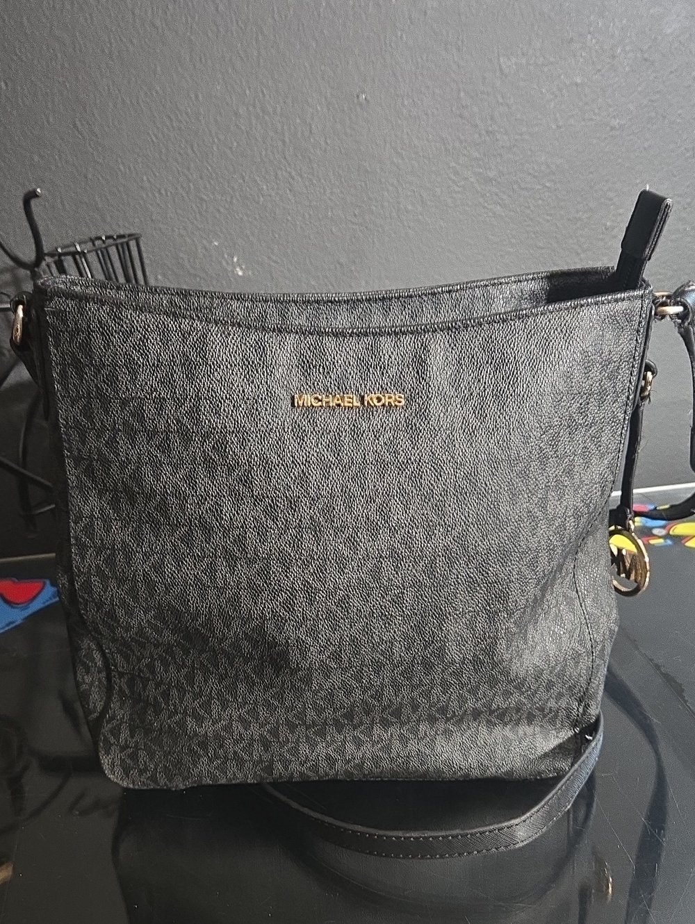 Michael Kors Black and Gold MK Monogram Crossbody Bag
